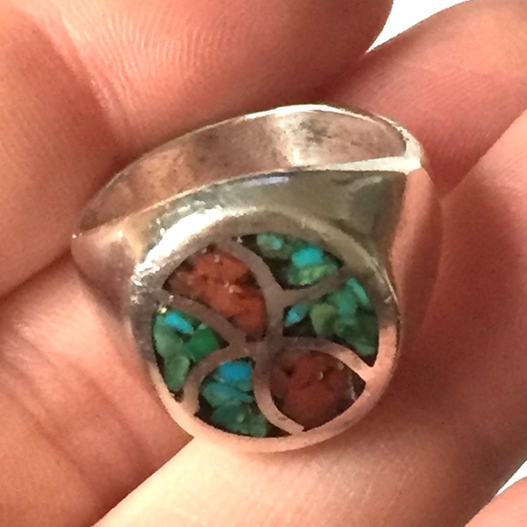 Native American Turquoise Coral Ring Sterling 925 - Picture 6 of 6